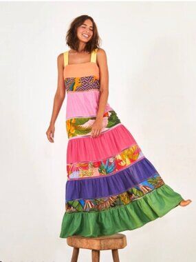 Farm Rio Rainbow Mixed Prints Colorful Boho Tropical Sleeveless Maxi Dress XL